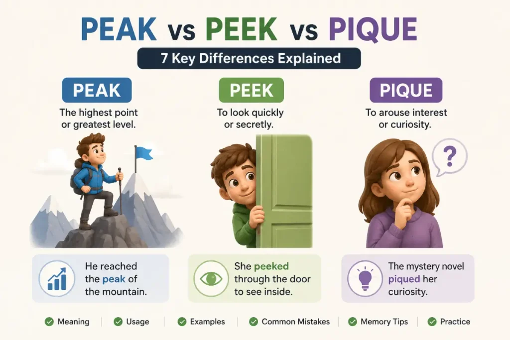 Peak vs Peek vs Pique — 7 Key Differences Explained.