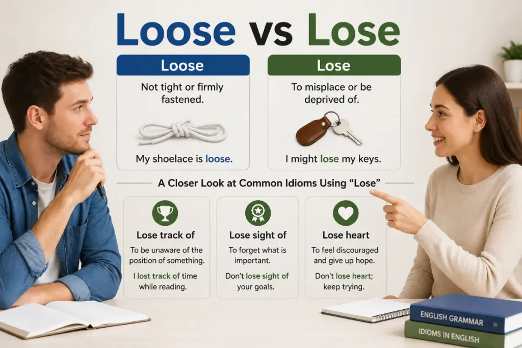 Loose vs Lose explained with a closer look at common idioms using "Lose" in a realistic educational grammar scene.