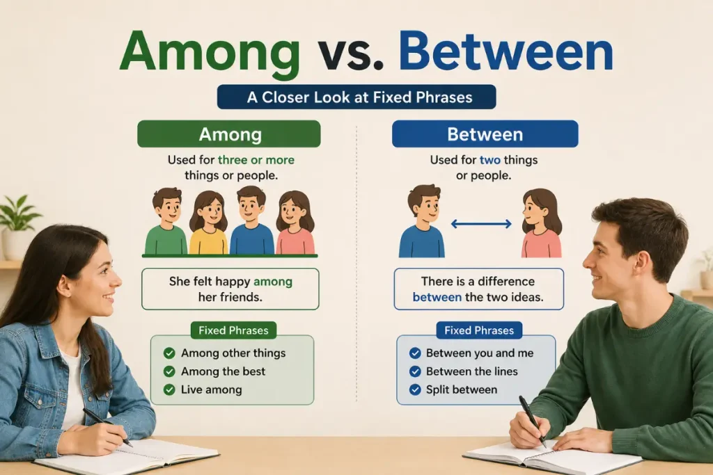 Among vs. Between with a closer look at fixed phrases, explained through clear grammar examples.
