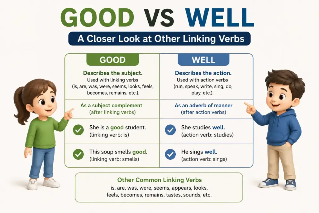 Good vs Well: A closer look at other linking verbs, with examples and two children explaining the grammar.
