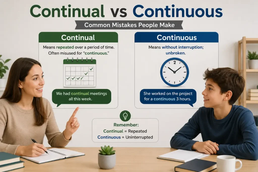 Continual vs Continuous: common mistakes people make when choosing between repeated and uninterrupted actions.
