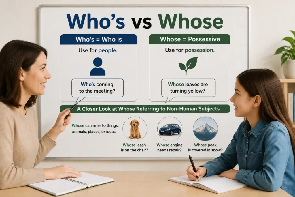 Who's vs Whose explained with a closer look at whose referring to non-human subjects.