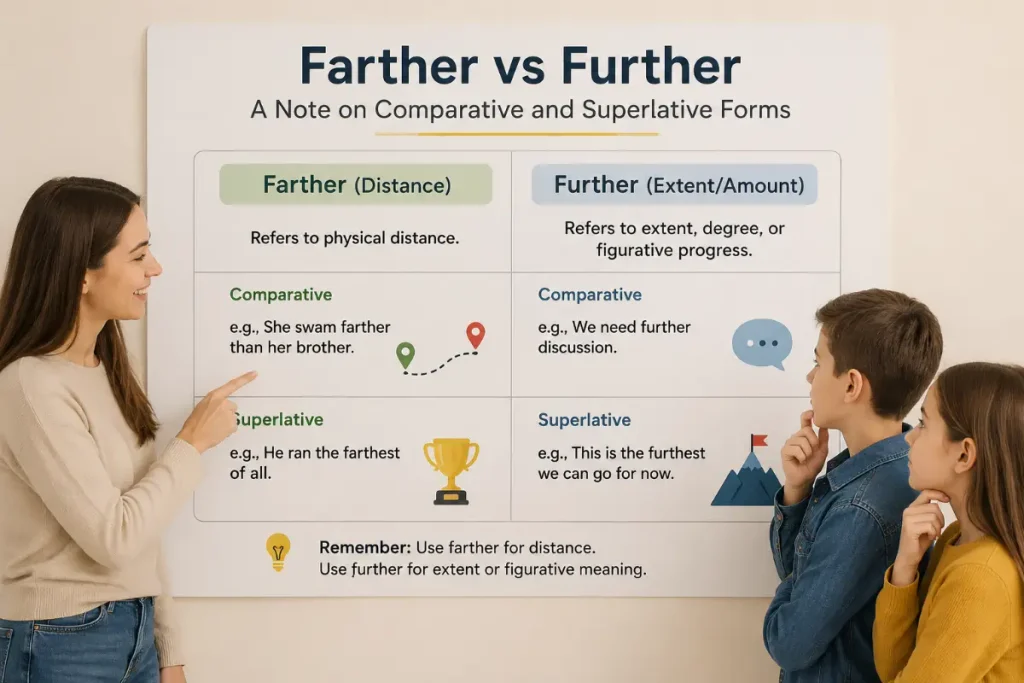 Farther vs Further educational guide explaining comparative and superlative forms with examples.
