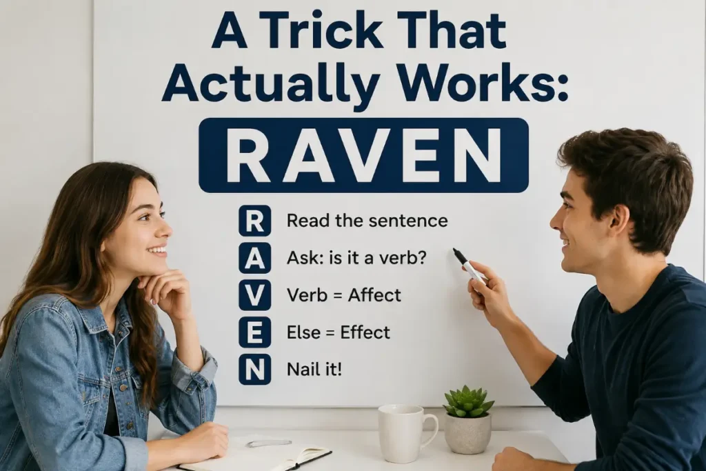 Affect vs Effect explained with a simple RAVEN trick for remembering the difference.