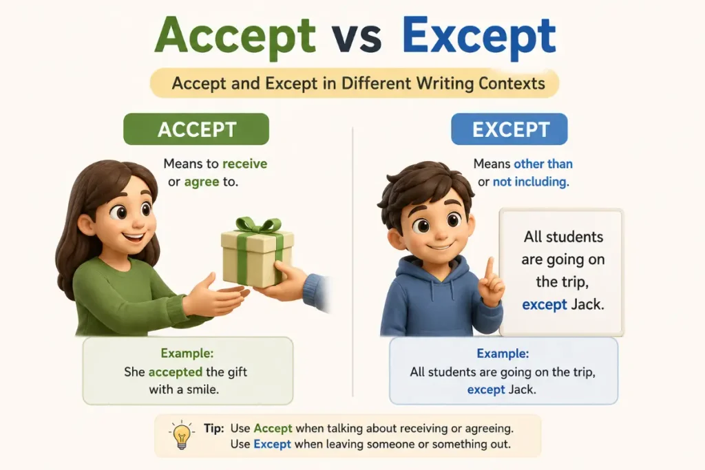 Accept vs Except in Different Writing Contexts