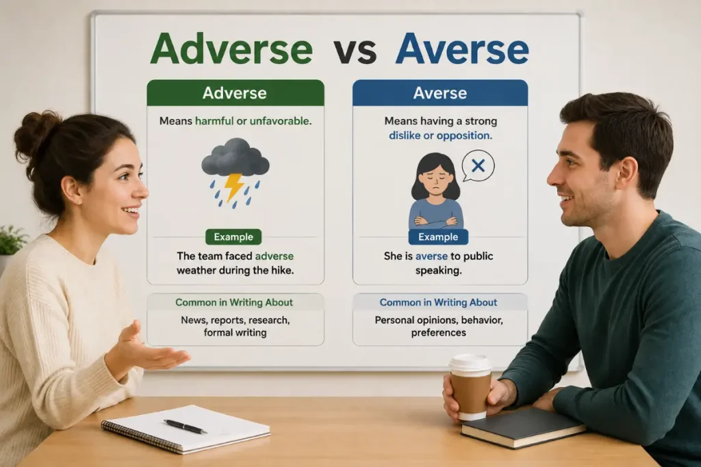 Adverse vs Averse in Different Writing Contexts, with clear examples of each term.
