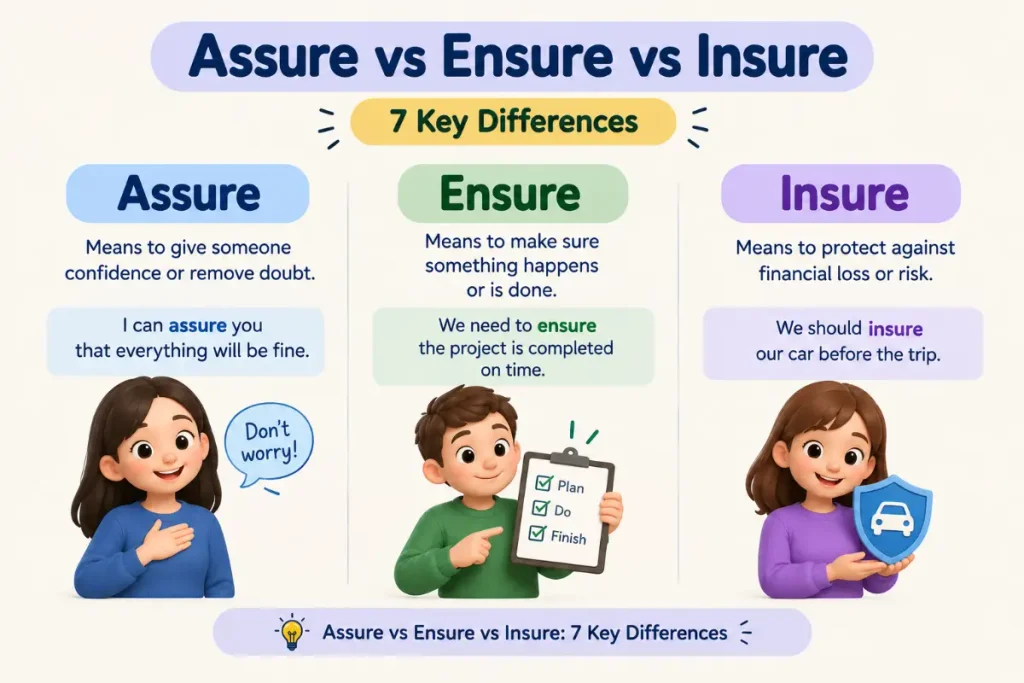 Assure vs Ensure vs Insure: 7 Key Differences explained with clear examples and definitions.