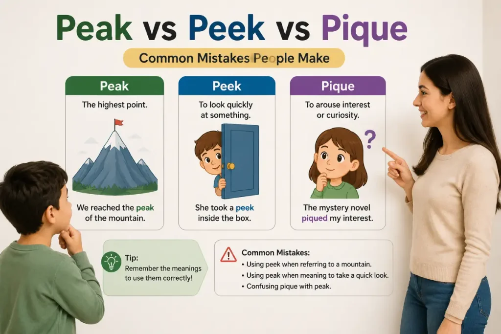 Peak vs Peek vs Pique: common mistakes people make when using these easily confused words.
