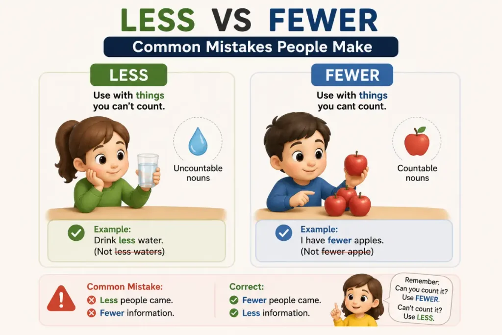 Less vs Fewer infographic showing common mistakes, countable and uncountable nouns, with children.
