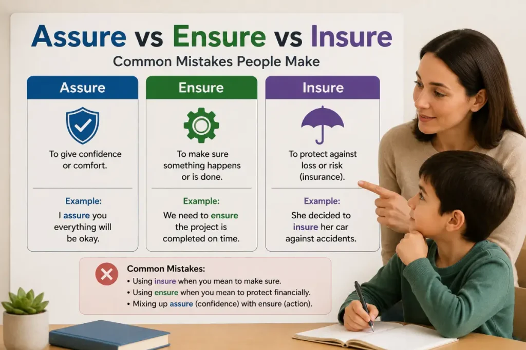 Assure vs Ensure vs Insure: Common Mistakes People Make explained with clear grammar examples.