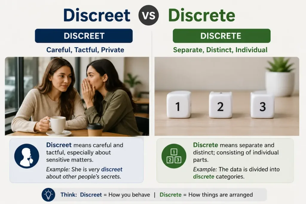 Discreet vs Discrete showing discreet as careful, tactful, and private behavior.