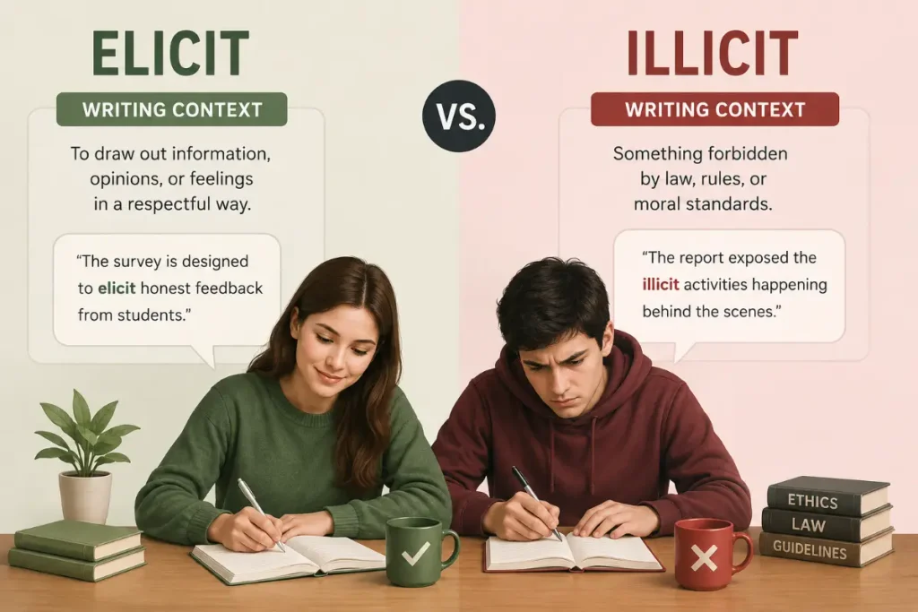 Educational illustration comparing “elicit” and “illicit” in different writing contexts, with two students writing example sentences at a desk.