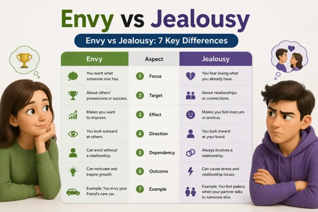 Envy vs jealousy: 7 key differences explained in a cute, realistic educational comparison.