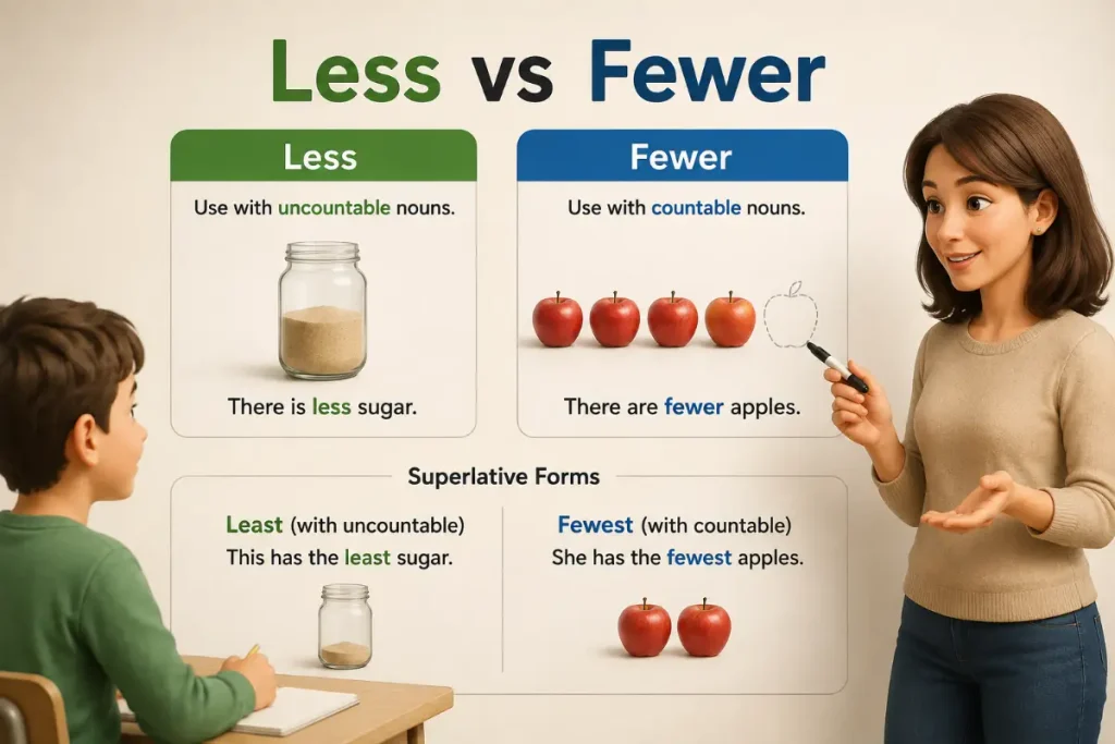 Less vs Fewer: Fewest and Least grammar comparison with clear examples for countable and uncountable nouns.

