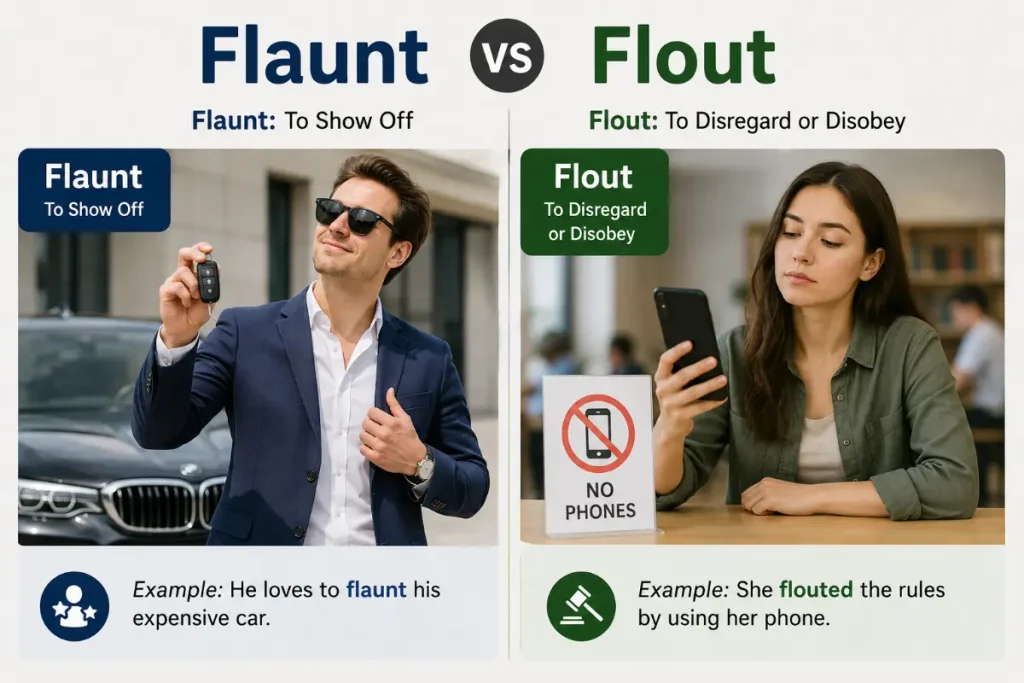 Flaunt vs Flout: Flaunt means to show off, while flout means to disregard rules.