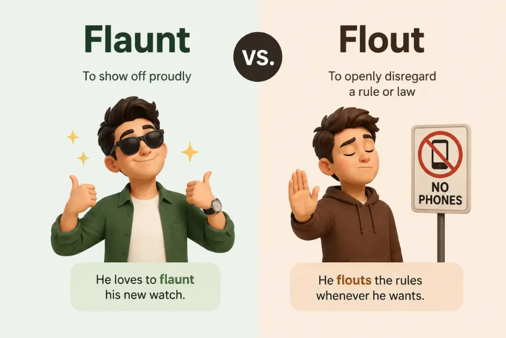 Flaunt vs Flout: Side-by-Side Comparison — educational visual showing the difference.