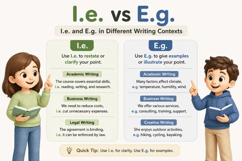 I.e. vs E.g. in Different Writing Contexts — educational comparison of “i.e.” for clarification and “e.g.” for examples.
