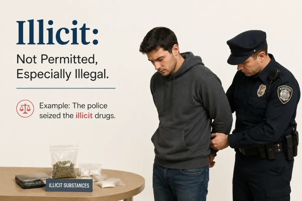 Illicit meaning: not permitted, especially illegal, shown with a police arrest.
