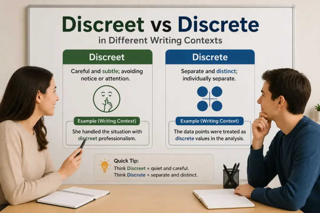 Discreet vs Discrete in Different Writing Contexts explained with clear examples.
