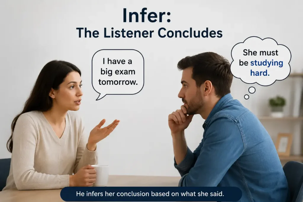 Imply vs Infer showing a listener concluding meaning from what someone says.
