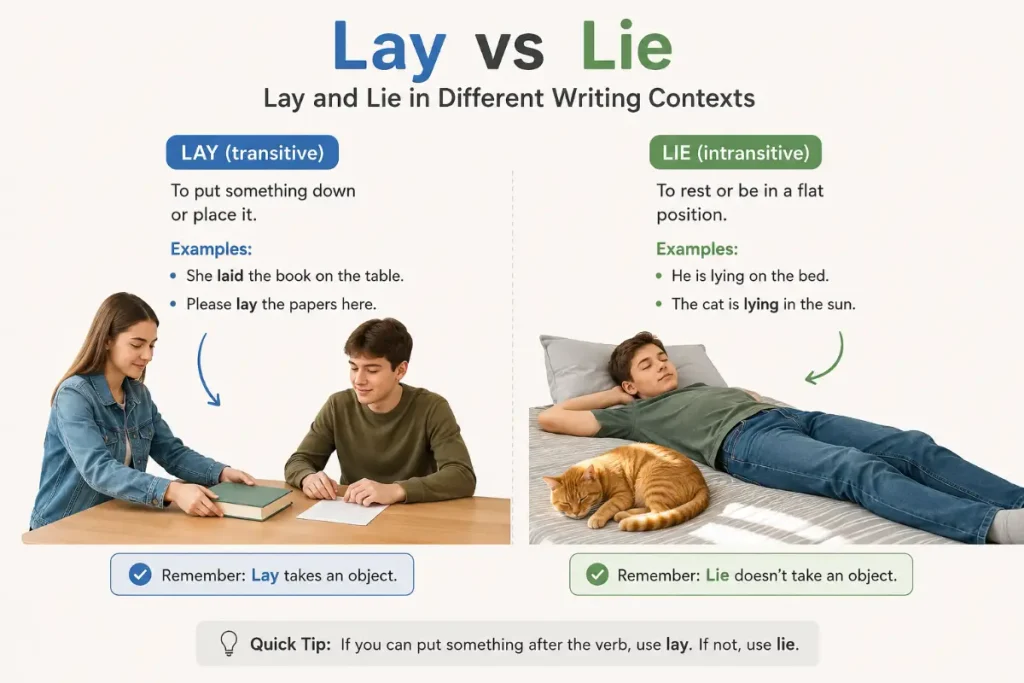 Lay vs Lie in Different Writing Contexts: a clear visual guide to using each verb correctly.
