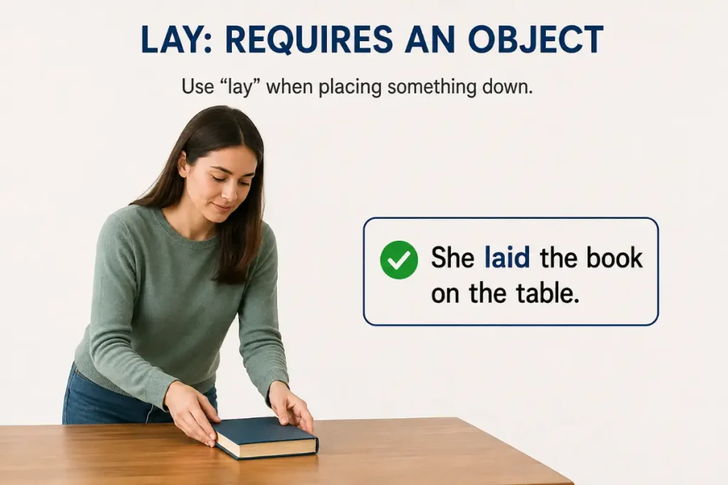 Lay vs Lie: Lay Requires an Object. A woman places a book on a table.
