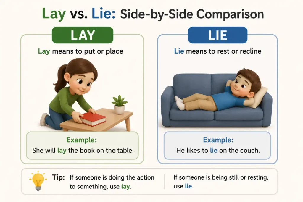 Lay vs Lie: Side-by-Side Comparison with examples.
