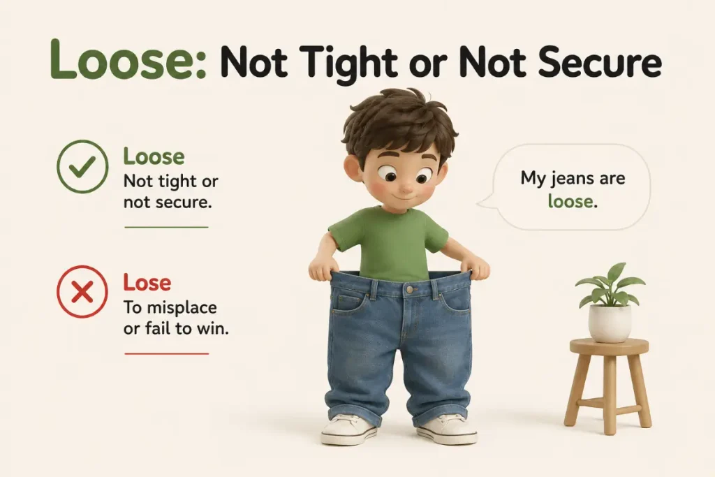 Loose vs Lose — **Loose: Not Tight or Not Secure** when clothing is not tight or something is not securely fastened.