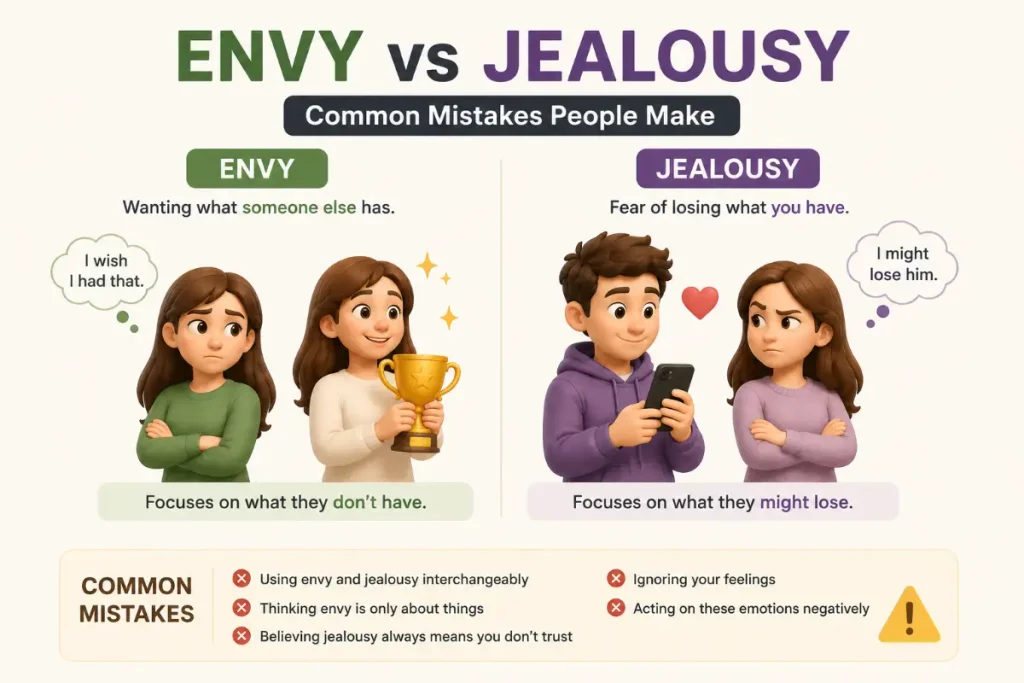 Envy vs jealousy educational comparison showing common mistakes people make with these emotions.