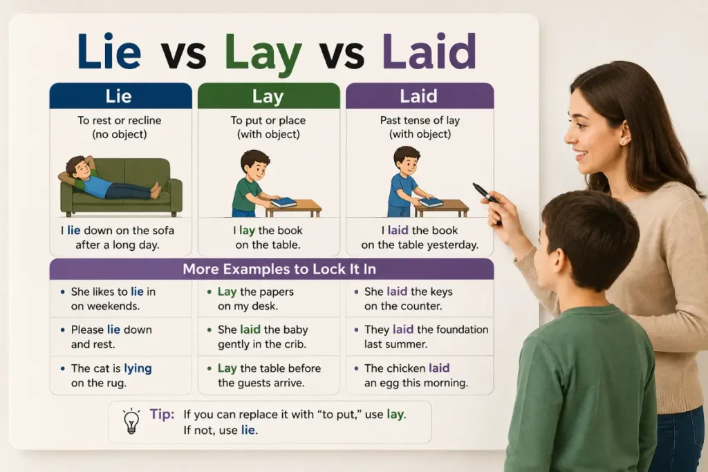 Lie vs Lay vs Laid explained with more examples to lock it in through clear grammar lessons.
