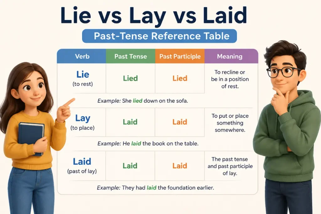 Lie vs Lay vs Laid Past-Tense Reference Table with cute characters explaining verb forms.
