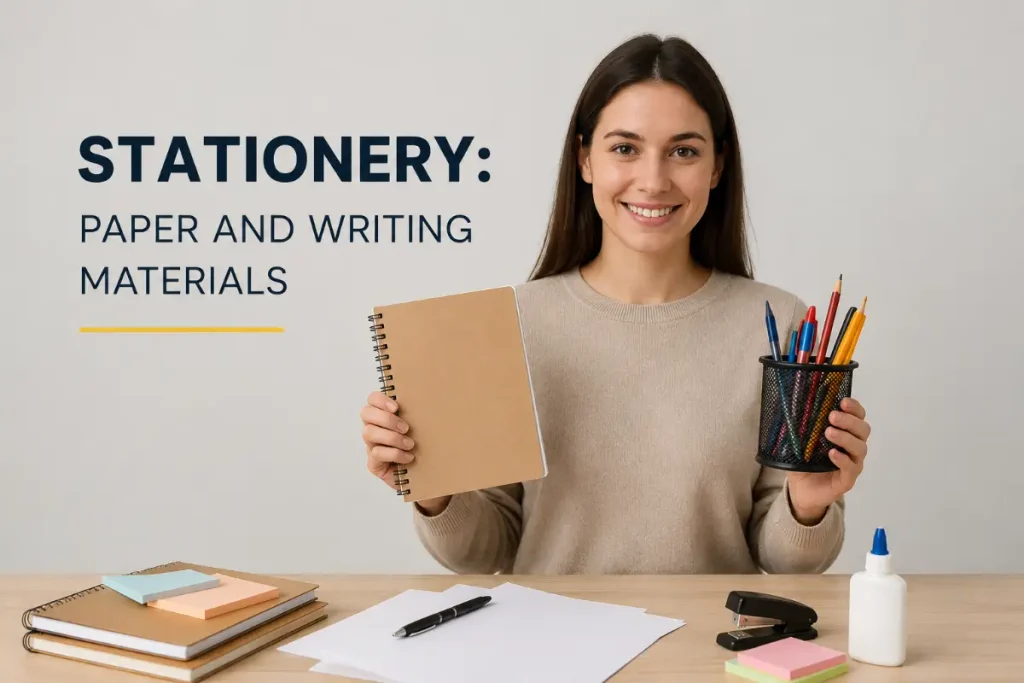 Stationery: paper and writing materials with a woman holding a notebook and pens.
