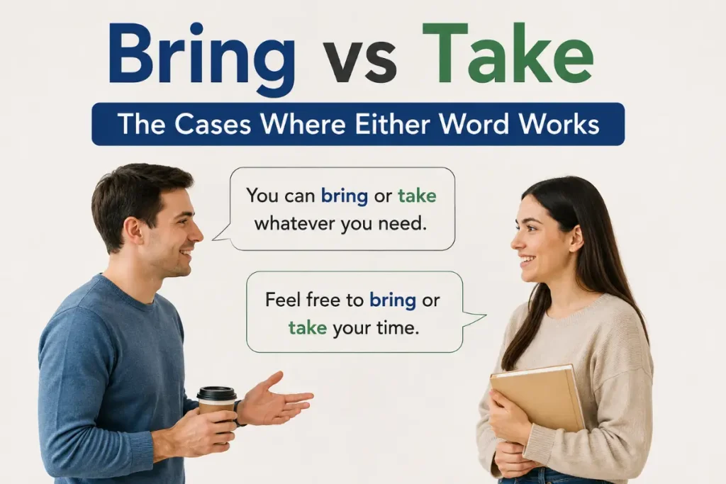 Bring vs Take: The Cases Where Either Word Works, showing two people discussing the difference between “bring” and “take.”
