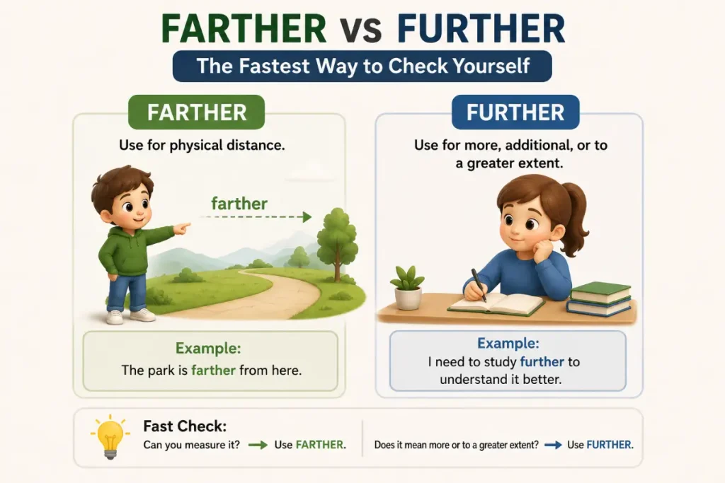 Farther vs Further: physical distance and greater extent comparison.