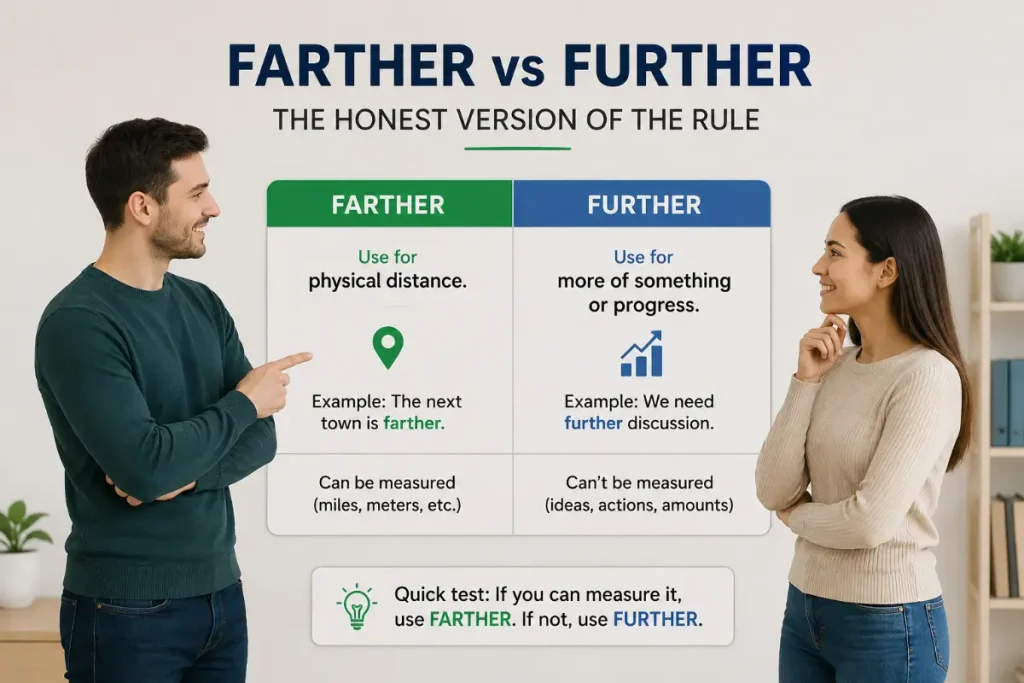 Farther vs Further infographic showing the honest version of the rule with two characters and physical distance versus abstract progress.
