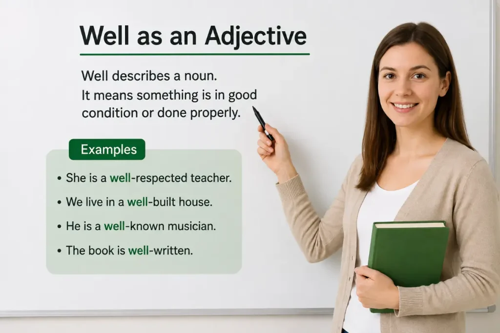 Well as an adjective describing something in good condition or done properly.
Well vs Good