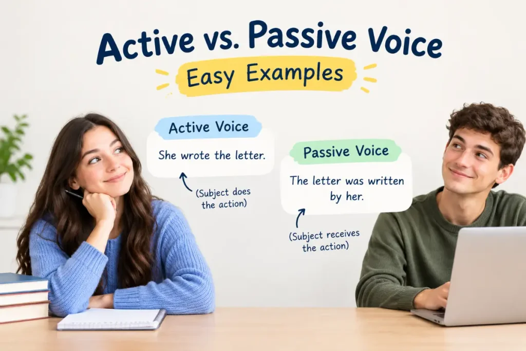 Easy examples of active vs. passive voice showing how subjects perform or receive actions.