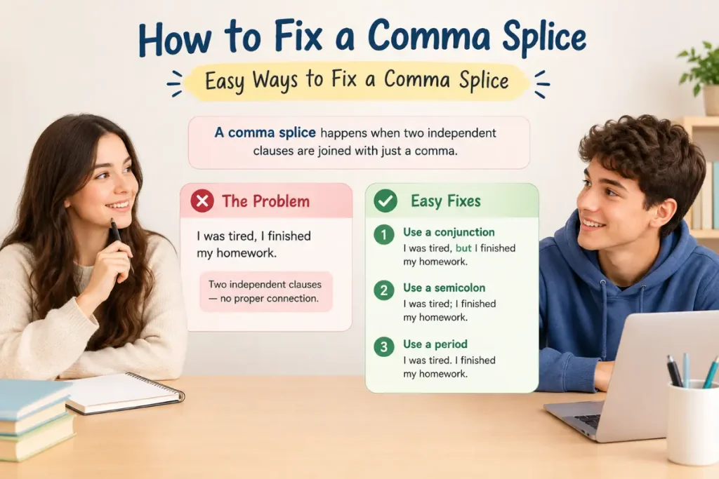 How to Fix a Comma Splice: Easy Ways to Fix a Comma Splice.
