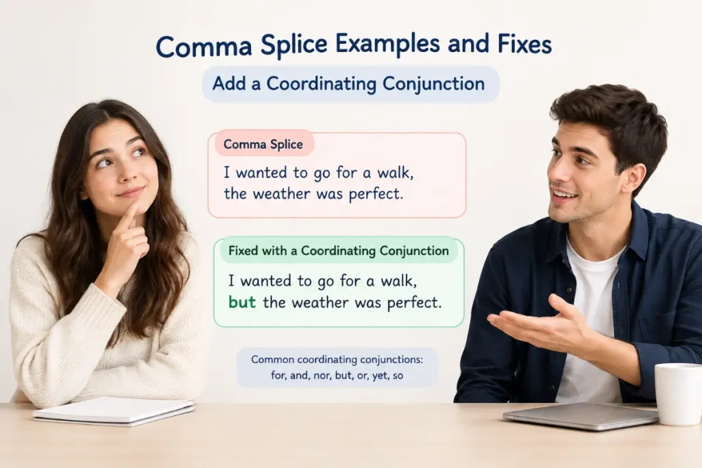 Comma splice examples and fixes showing how to add a coordinating conjunction.
