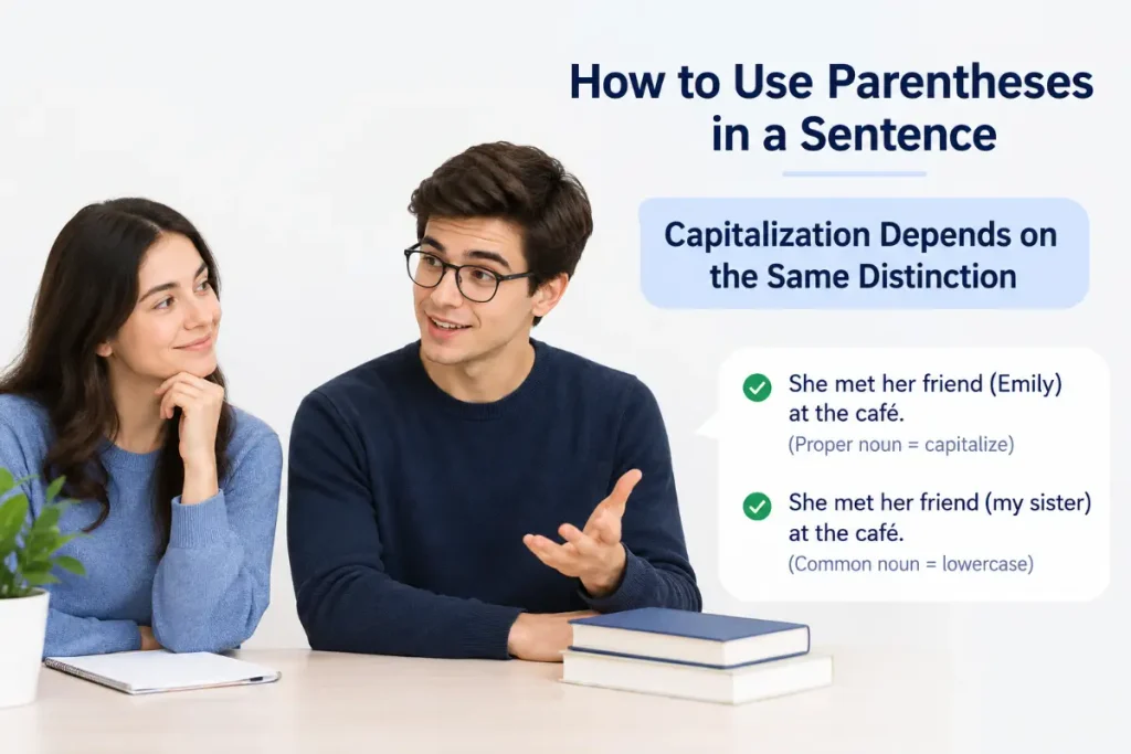 How to use parentheses in a sentence with capitalization based on context.