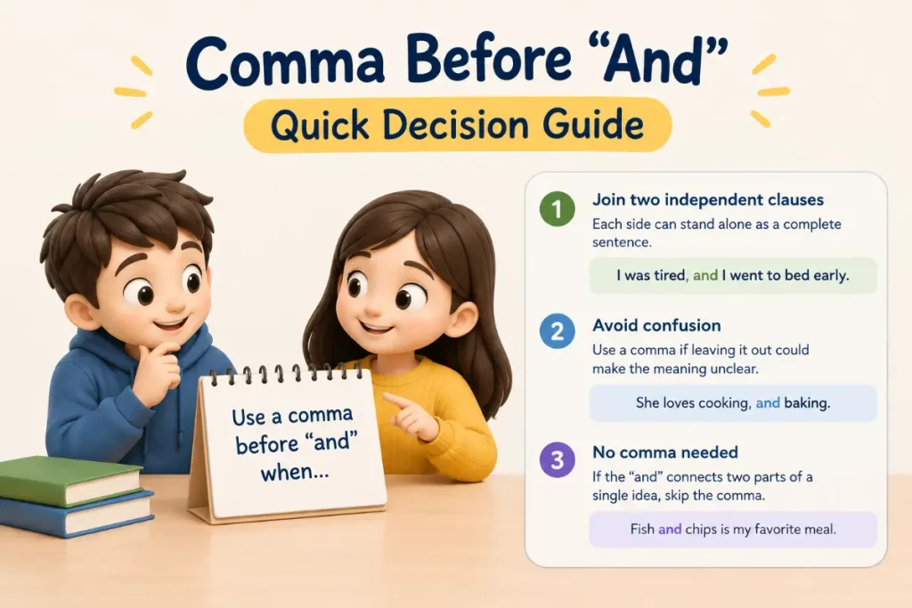 Comma Before And Rule with a quick decision guide showing when to use a comma before “and”.