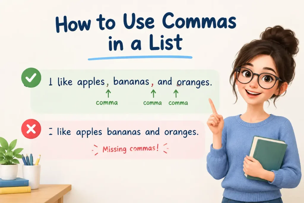 How to Use Commas in a List with correct and incorrect comma examples for common mistakes.