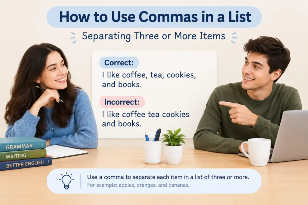 How to Use Commas in a List: separating three or more items with commas.
