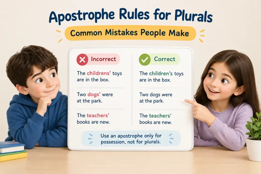 Apostrophe Rules for Plurals showing Common Mistakes People Make with correct and incorrect examples.