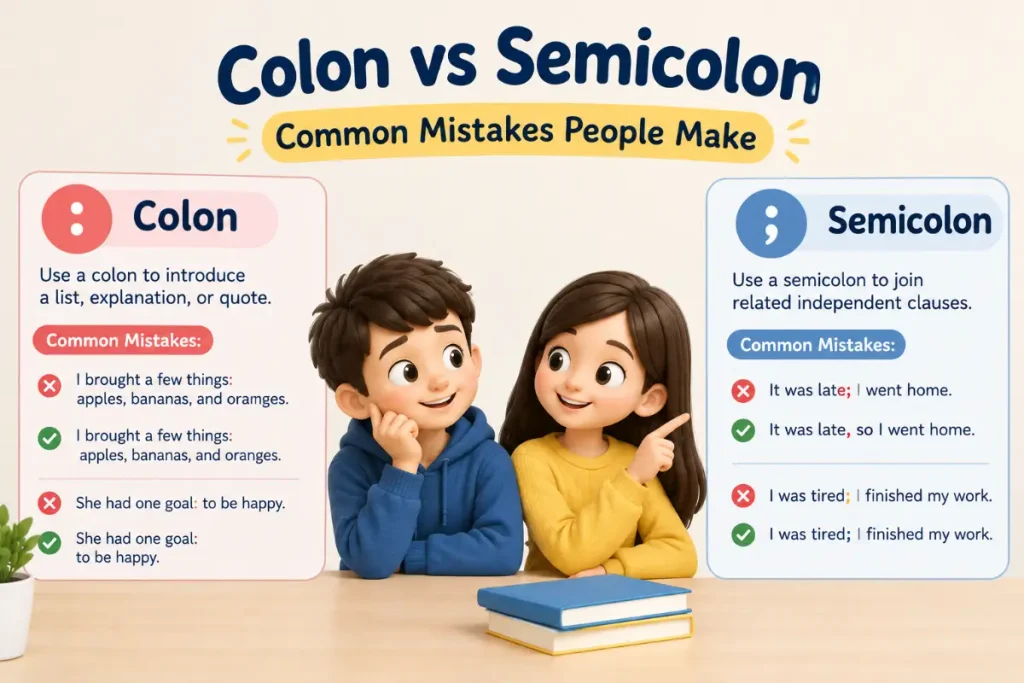 Colon vs Semicolon educational image showing common mistakes people make with correct punctuation examples.