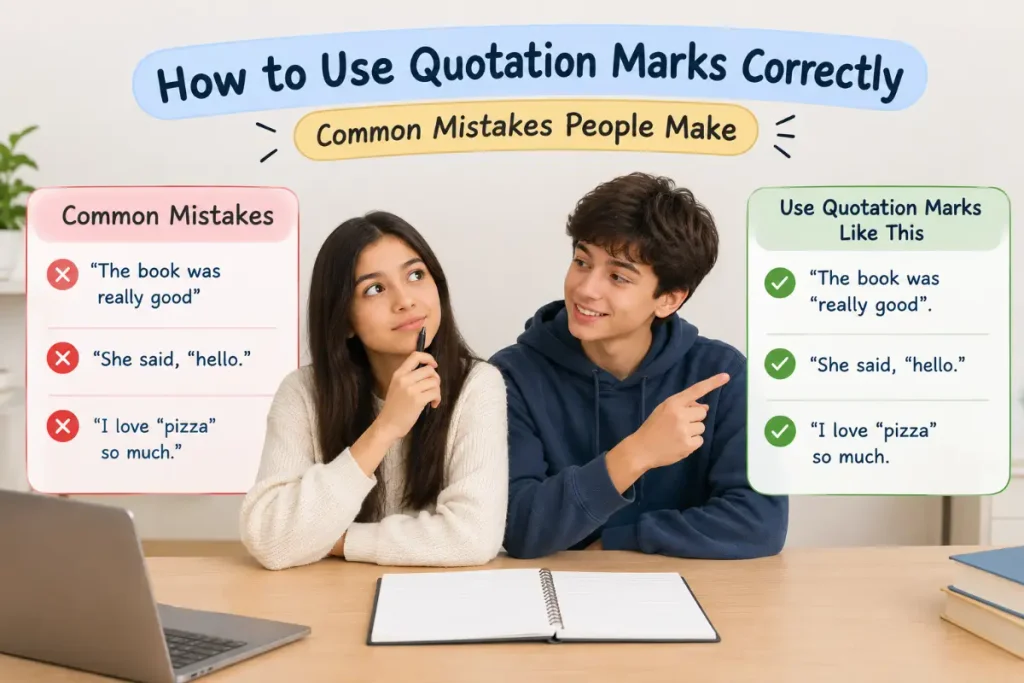 How to Use Quotation Marks Correctly illustration showing Common Mistakes People Make with examples.
