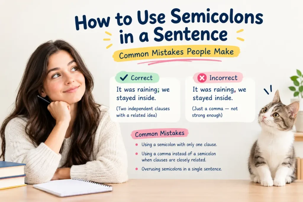 How to use semicolons in a sentence: common mistakes people make and correct usage examples.
