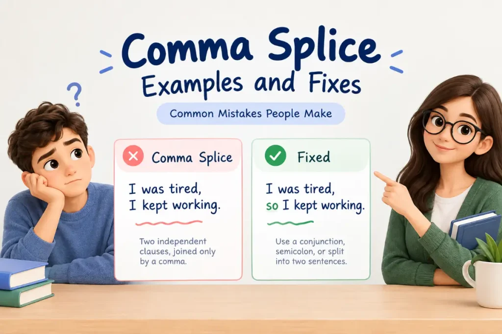 Comma splice examples and fixes showing common mistakes people make with sentence structure.
