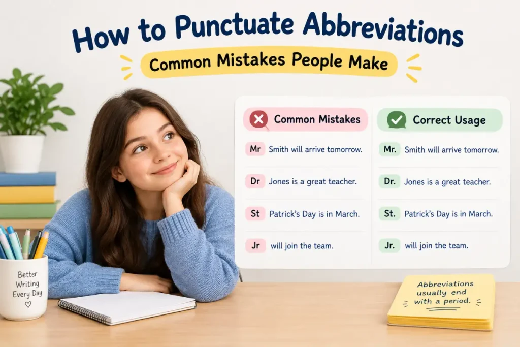 How to Punctuate Abbreviations: Common Mistakes People Make in a realistic educational image.
