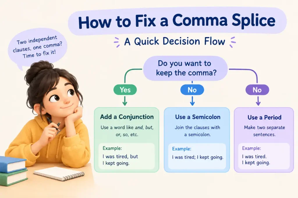 How to Fix a Comma Splice — A Quick Decision Flow.
